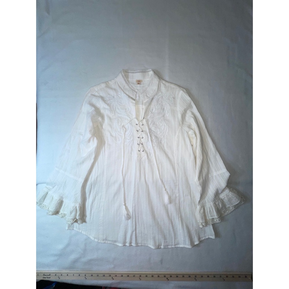Reba Peasant Blouse Womens XL White New Embroidered Lace Up Ruffle Sleeve Top